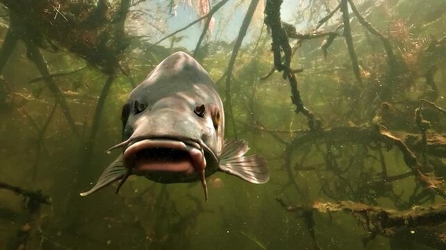 Common carp - Cyprinus carpio - fills the frame with close facial details showing orange eyes and sensitive barbels used for food detection.