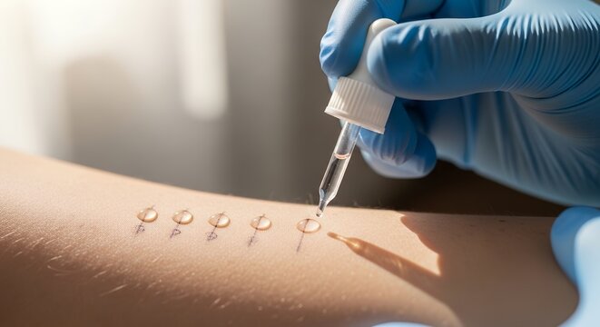 Nurse applies allergen drops for skin prick test