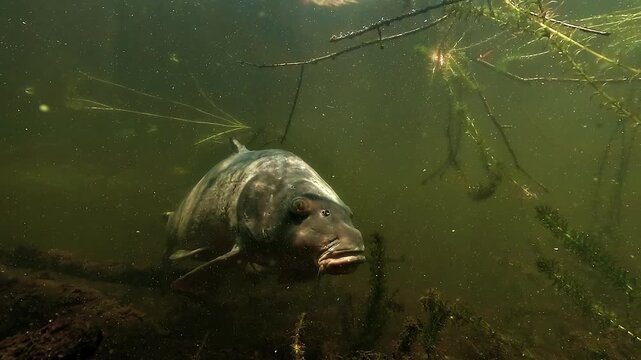 Common carp - Cyprinus carpio - approaches in close view before rotating its body, exposing its caudal fin and departing through lake water.