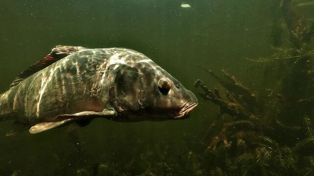 Very old common carp - Cyprinus carpio - faces the camera while breathing movements expose its mouth before its rugged body slowly exits the scene.