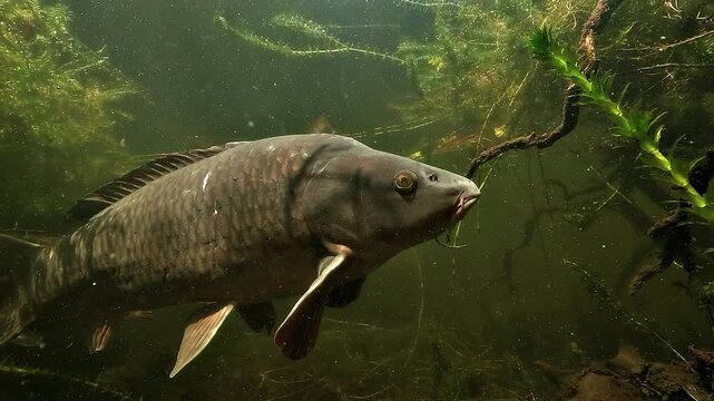 Common carp - Cyprinus carpio - approaches in close view before rotating its body, exposing its caudal fin and departing through lake water.