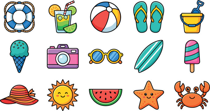 Cute summer beach icon set with flat cartoon vector illustrations of vacation elements cocktail ball flipflops camera sunglasses surfboard icecream hat starfish crab