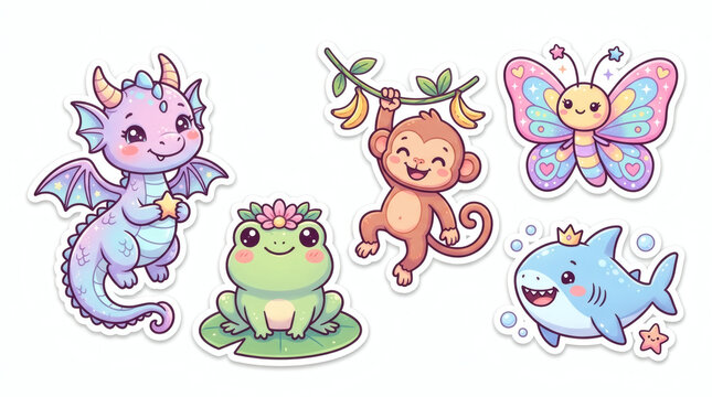 A Collection Of Six Cartoon Stickers There Are Six Stickers In Total Each Unique