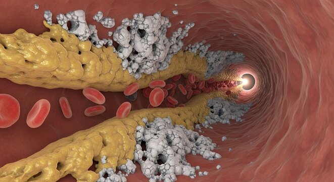 Microscopic view of blocked artery with cholesterol buildup