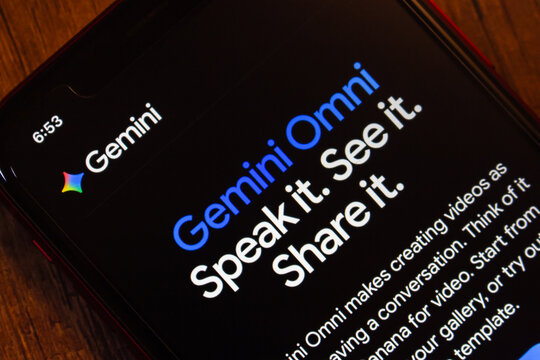 Mexico City, MEXICO - May 26 2026 : Close-up smartphone screen showing Gemini Omni webpage, promoting AI video creation, conversation, and visual sharing technology.