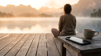 Fototapeta premium Peaceful individual observing a misty lake at dawn, enjoying nature's calm and moments of thoughtful environmental reflection