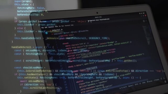 Laptop screen displaying React and Tailwind CSS source code interface with digital programming lines overlay concept.