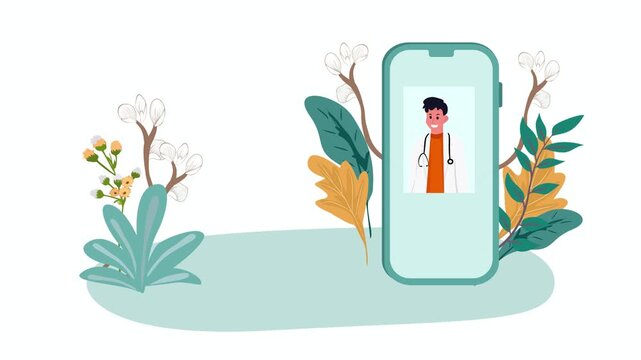 Flat vector illustration of a senior man video calling a professional male doctor on a large phone screen. Concept of digital medicine, online healthcare clinic, and remote medical 