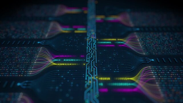 Artificial Intelligence neural network processing big data with binary code motion graphics seamless loop