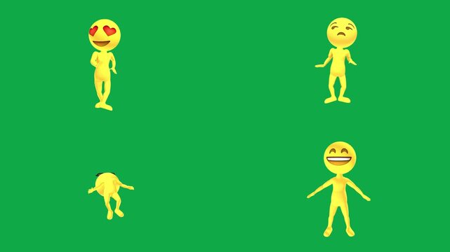 Kiss Sad Sunglass Angry animation on green screen chroma key background flat lighting no shadow flush edge isolated 3d clay model perfect compositing vfx asset high quality render animation video hd