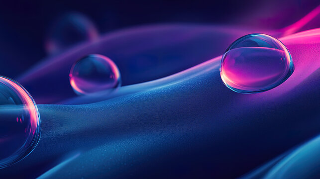 Water drops on blue car surface with bubbles, liquid reflection, colorful glass spheres and macro water drop illustration on smooth background