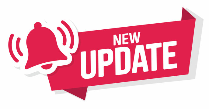 Red New Update Notification Banner: Creative Bell Alert System Upgrade Ribbon Badge