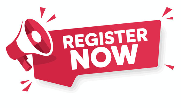 Red Register Now Megaphone Banner: Creative Event Enrollment Announcement Badge