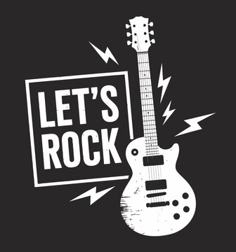 Vintage Let's Rock Electric Guitar Poster: Retro Rock and Roll Music Concert Graphic