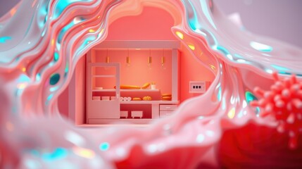 Obraz premium Pink interior scene inside fluid tunnel. Bedroom features bed, desk, shelves. Soft lighting creates dreamy atmosphere.
