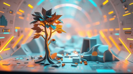 Obraz premium Futuristic interior features small tree. Orange, teal lighting creates vibrant scene. Geometric shapes dominate composition, suggesting technology, growth.