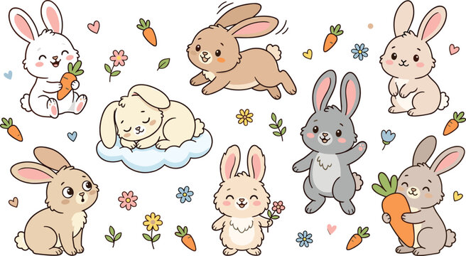 Cute Kawaii Bunny Character Illustration Vector Set with Small Rabbits Holding Carrots Flowers and Hearts for Kids Nursery and Easter Designs