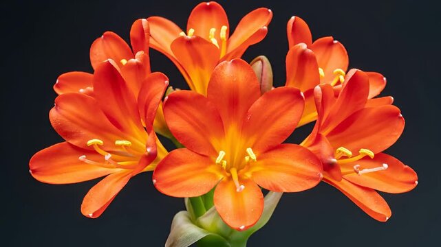 Closeup of vibrant orange Clivia miniata flowers blooming against a dark background.