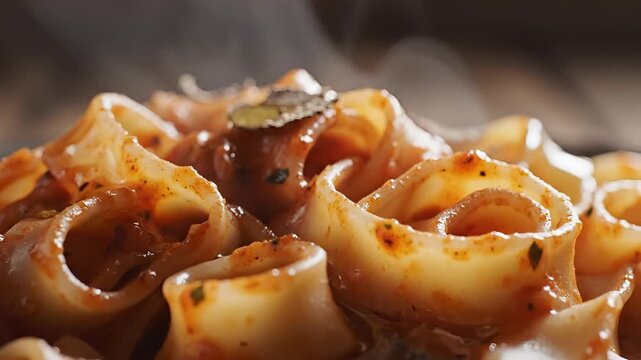 Delicious Pasta Dish with Olive Oil Drizzle and Steaming Sauce.