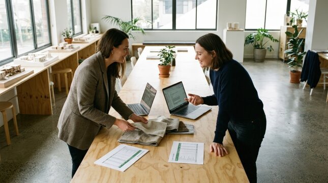 Professional women managing textile procurement in a modern studio