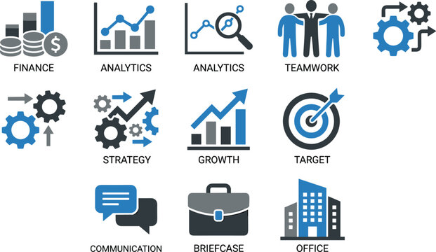 Business Strategy and Finance Management Flat Icon Set Featuring Analytics Growth Teamwork Strategy Target and Office Corporation Vector Symbols