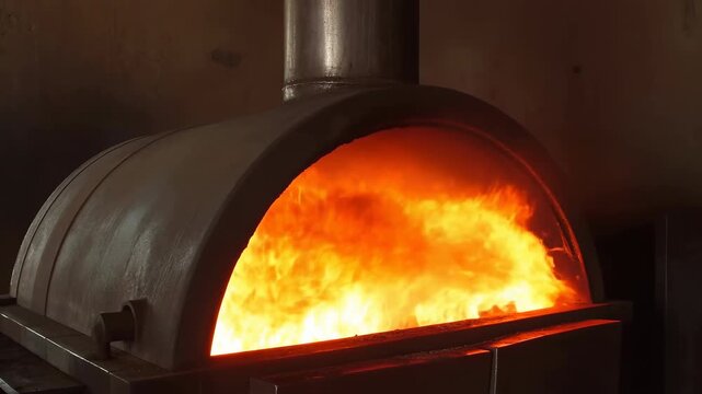 Warm Fire Illuminates Bakery Ambiance. Fiery Brick Oven In Bakery Creates Inviting Warm And Smoky Atmosphere