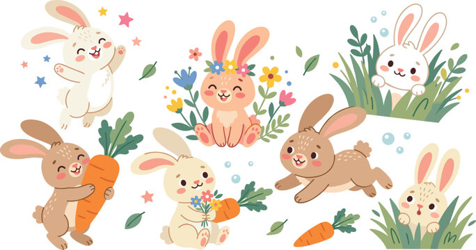 Adorable Easter Bunny Cartoon Character Clipart Set with Happy Little Rabbits Carrots and Floral Elements for Children Birthday Card and Spring Graphic Designs