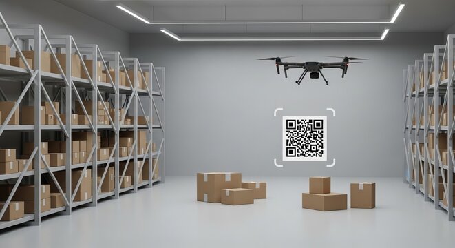 Automated warehouse drone scans inventory boxes using QR code technology for logistics optimization