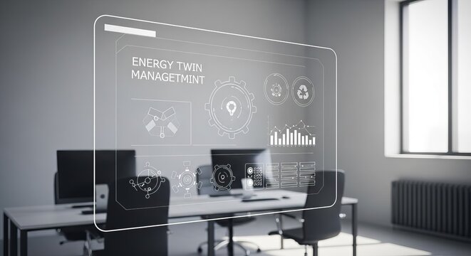 Futuristic digital twin energy management interface displaying data analytics and system controls on a transparent screen