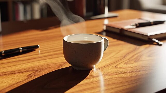 Warm cinematic close-up of polished wood grain desk with luxury pen, stacked notebooks and blurred coffee cup, ideal for business and education.