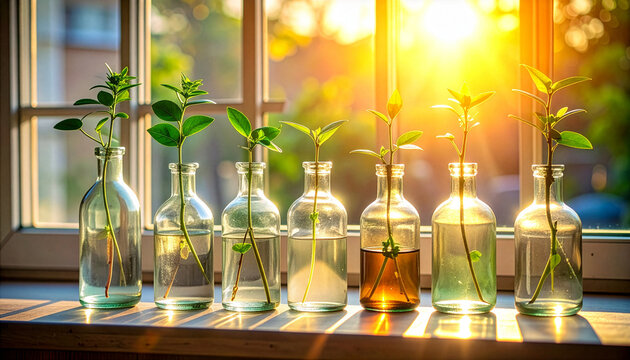 窓辺に並んだガラス瓶で水耕栽培される緑の植物の苗木と、差し込む逆光