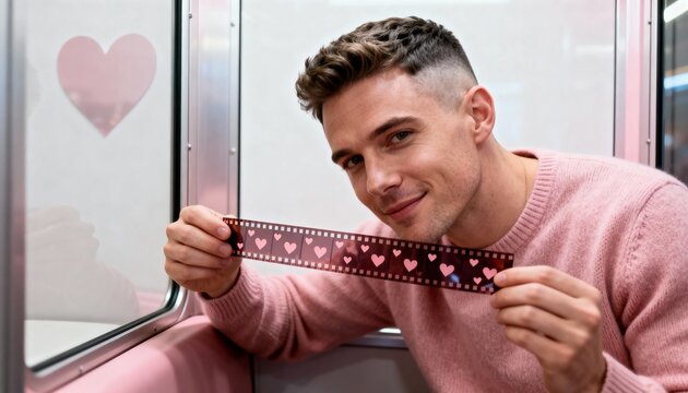 Young man holding a film strip with heart shapes. Smiling male in a pink sweater inside a photo booth. Valentine's Day and romance concept