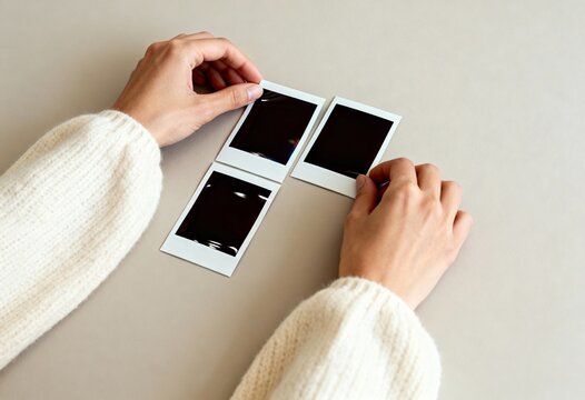 Hands in a cozy knit sweater arranging blank instant film photos. Minimalist mockup on a neutral background. Photography and memory concept