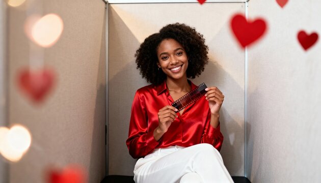 Smiling young Black woman holding film negatives. Happy woman in red satin shirt with heart decorations and bokeh lights. Photography and memories concept
