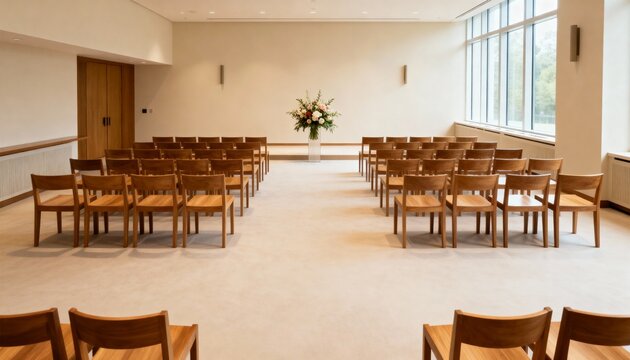 Modern minimalist chapel with wooden chairs and floral arrangement. Empty ceremony room for wedding or funeral service. Bright interior with natural light and neutral decor