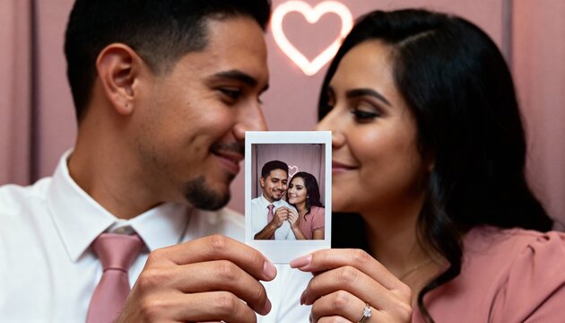 Young couple holding an instant photo of themselves. Romantic engagement announcement with neon heart background. Man and woman in formal attire celebrating love and memories
