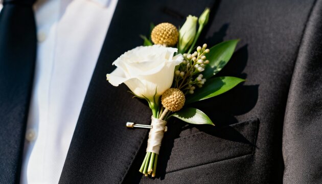 Close-up of a floral boutonniere on a black suit lapel. White lisianthus and golden craspedia wedding flower arrangement. Groom or groomsman formal attire for a wedding ceremony