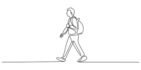 Obraz premium Continuous line drawing of a student walking with a backpack