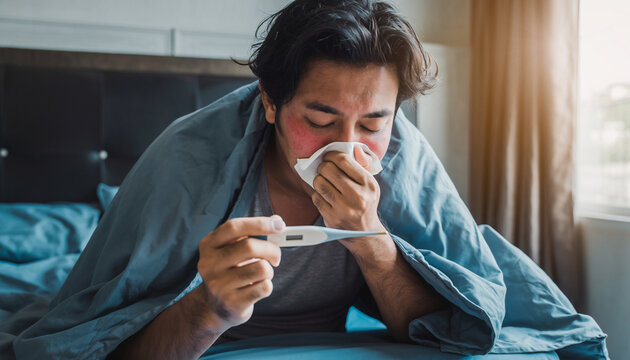 Sneezing Man with Thermometer Feeling Unwell at Home