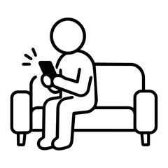 ソファに座ってスマートフォンを操作する人物をシンプルな線画で表現したモノクロアイコン素材です。 SNS、チャット、動画視聴、在宅時間、モバイルライフをテーマにしたミニマルデザインです。 © Shousei