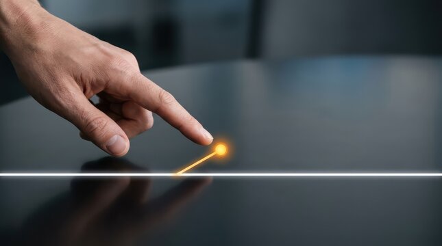 Human hand pointing at amber risk divergence node branching from glowing white data path on dark reflective surface with corporate copy space