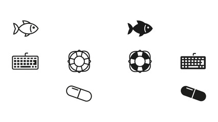 Contrasting icons of fish, keyboards, life buoys, and pills in black and white © S2k