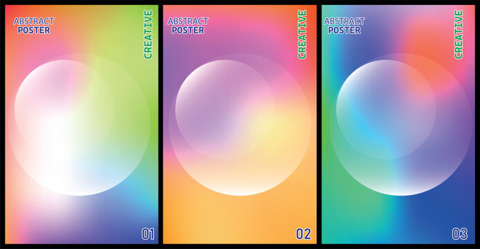 Set of futuristic abstract posters. Bright blurred gradients and defocused white spheres for creative graphic design. Vector illustration.