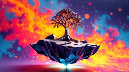 Obraz premium Floating island supports tree. Vibrant colors create surreal landscape. Dramatic lighting emphasizes geometric shapes, fantasy world.