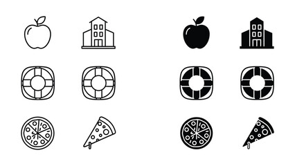 Contrast of simple icons in filled and outline styles for common objects and food items © S2k