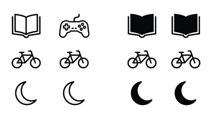 Collection of icons featuring books, gaming controller, bicycles, and moon phases © S2k