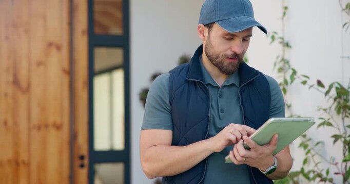 Delivery, door and man with tablet for shipping, order and digital signature for online shopping. Ecommerce, happy and person on tech for courier service, receipt and location for package drop off