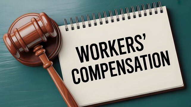 Workers' compensation concept with gavel and notebook on desk for law and business