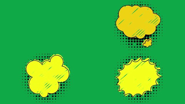 Yellow Bubble Explosion Comic animation on green screen chroma key background flat lighting no shadow flush edge isolated comic pop art bubble overlay element asset perfect compositing vfx high