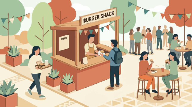 Outdoor burger shack scene with people eating, ordering, and socializing